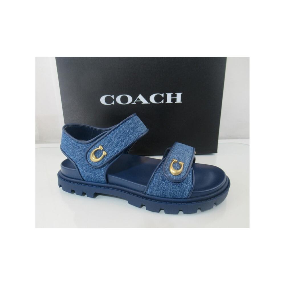 Coach Size 6.5 Brynn Denim Double Band Straps Sandals Comfort Deep Blue